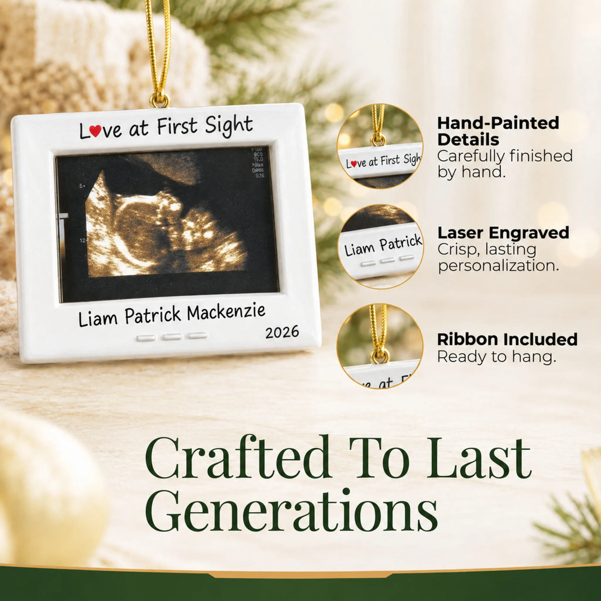 Hand-painted details and laser engraved personalization on the New Baby Ultrasound Frame christmas ornament, ribbon included