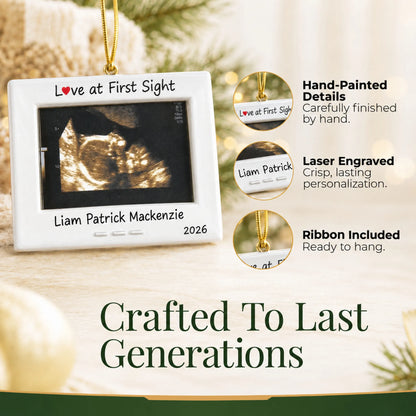 Hand-painted details and laser engraved personalization on the New Baby Ultrasound Frame christmas ornament, ribbon included
