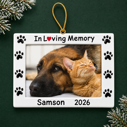 Personalized Pet In Loving Memory Photo Frame christmas ornament on a dark green pine background