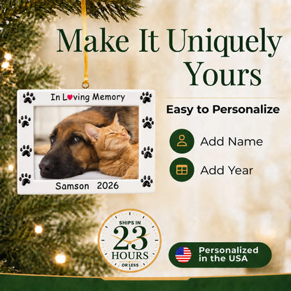 Make it yours: personalize the Pet In Loving Memory Photo Frame christmas ornament with your pet's name and the year