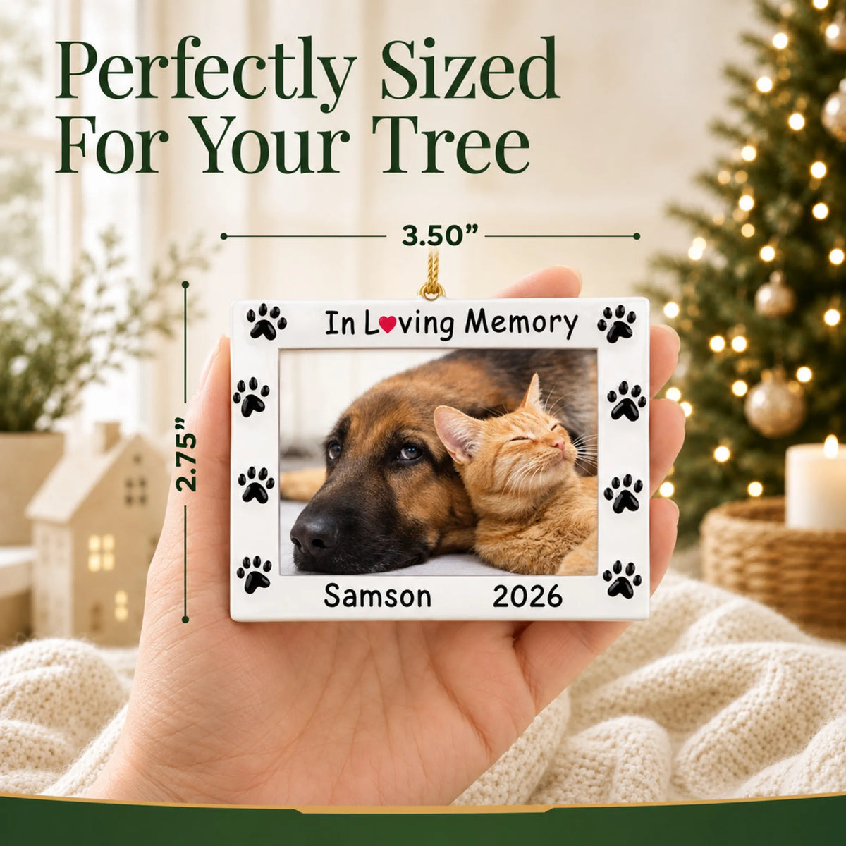 Size guide: the personalized Pet In Loving Memory Photo Frame christmas ornament is 3.50 in wide by 2.75 in tall, shown in hand