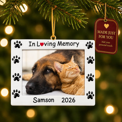 Pet In Loving Memory Photo Frame christmas ornament hanging on a lit Christmas tree with a Made Just For You gift tag