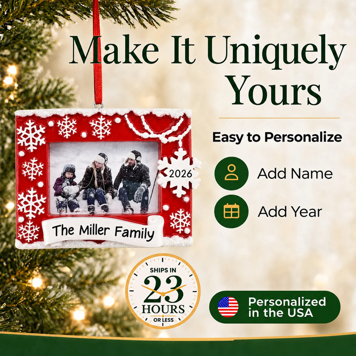 Make it yours: personalize the Red Photo Frame christmas ornament with a name and the year
