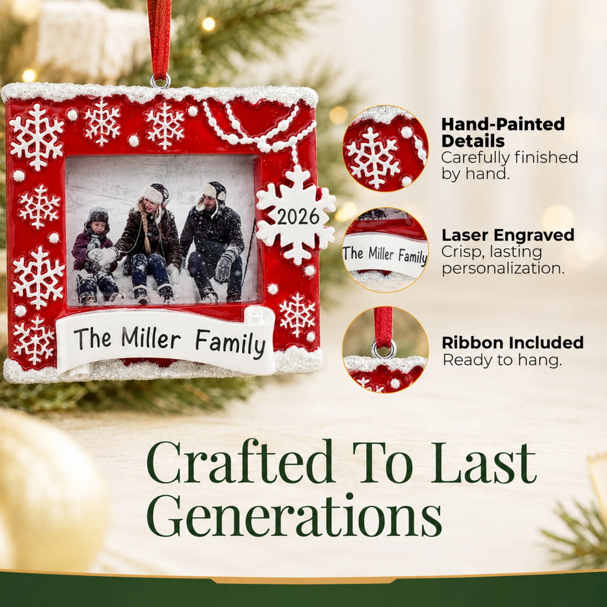 Hand-painted, laser engraved Red Photo Frame christmas ornament, ribbon included