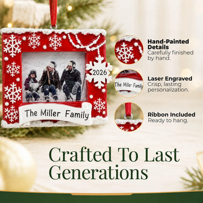 Hand-painted, laser engraved Red Photo Frame christmas ornament, ribbon included