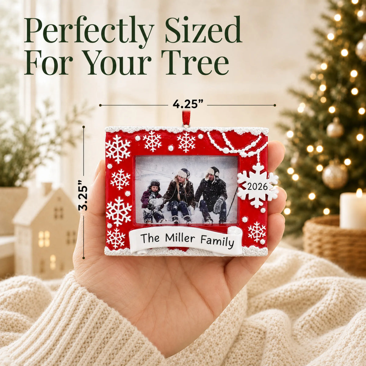 Size guide: the personalized Red Photo Frame christmas ornament is 4.25 in wide by 3.25 in tall, shown in hand