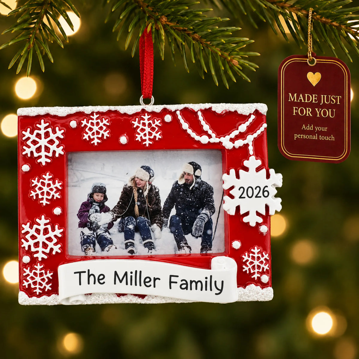 Red Photo Frame christmas ornament hanging on a lit Christmas tree with a Made Just For You gift tag