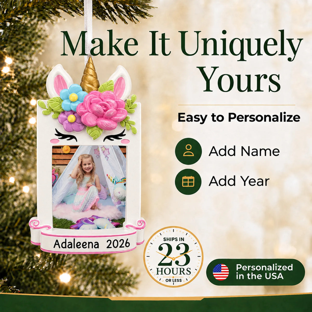 Make it yours: add name and year to the personalized unicorn photo frame christmas ornament
