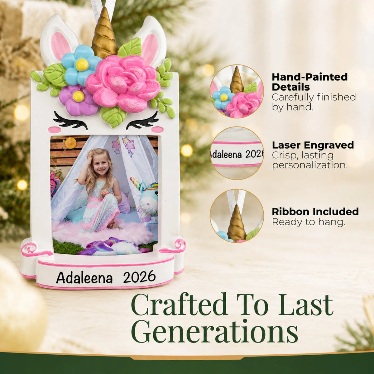 Hand-painted details and laser engraved personalization on the unicorn photo frame christmas ornament, ribbon included