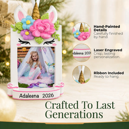 Hand-painted details and laser engraved personalization on the unicorn photo frame christmas ornament, ribbon included