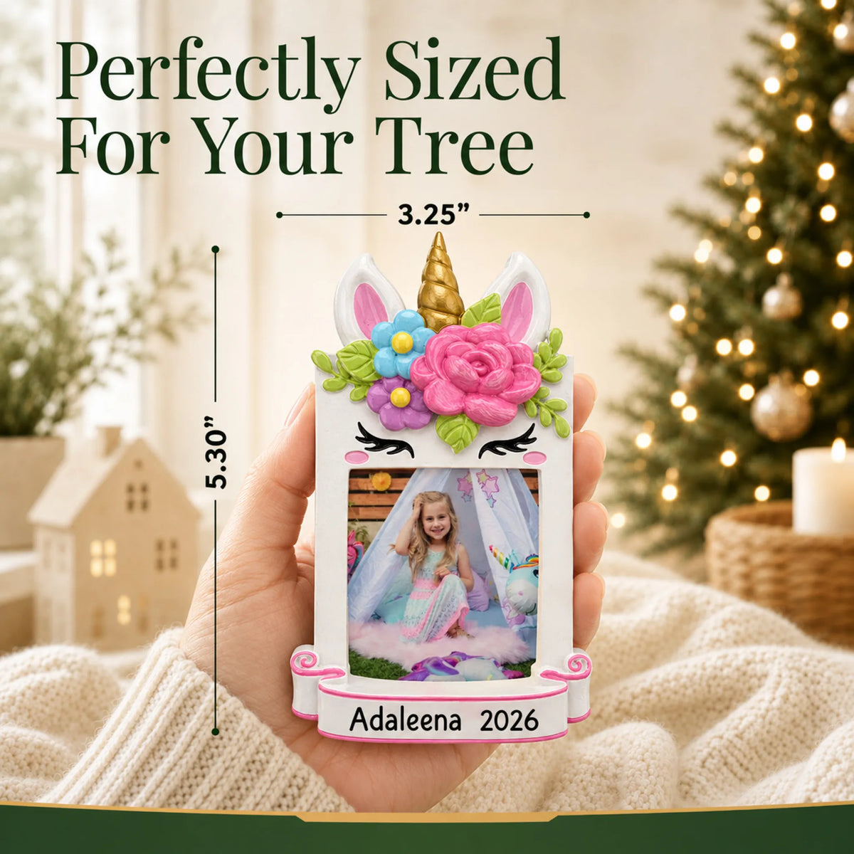 Size guide: the personalized unicorn photo frame christmas ornament is 3.25 in wide by 5.30 in tall, shown in hand