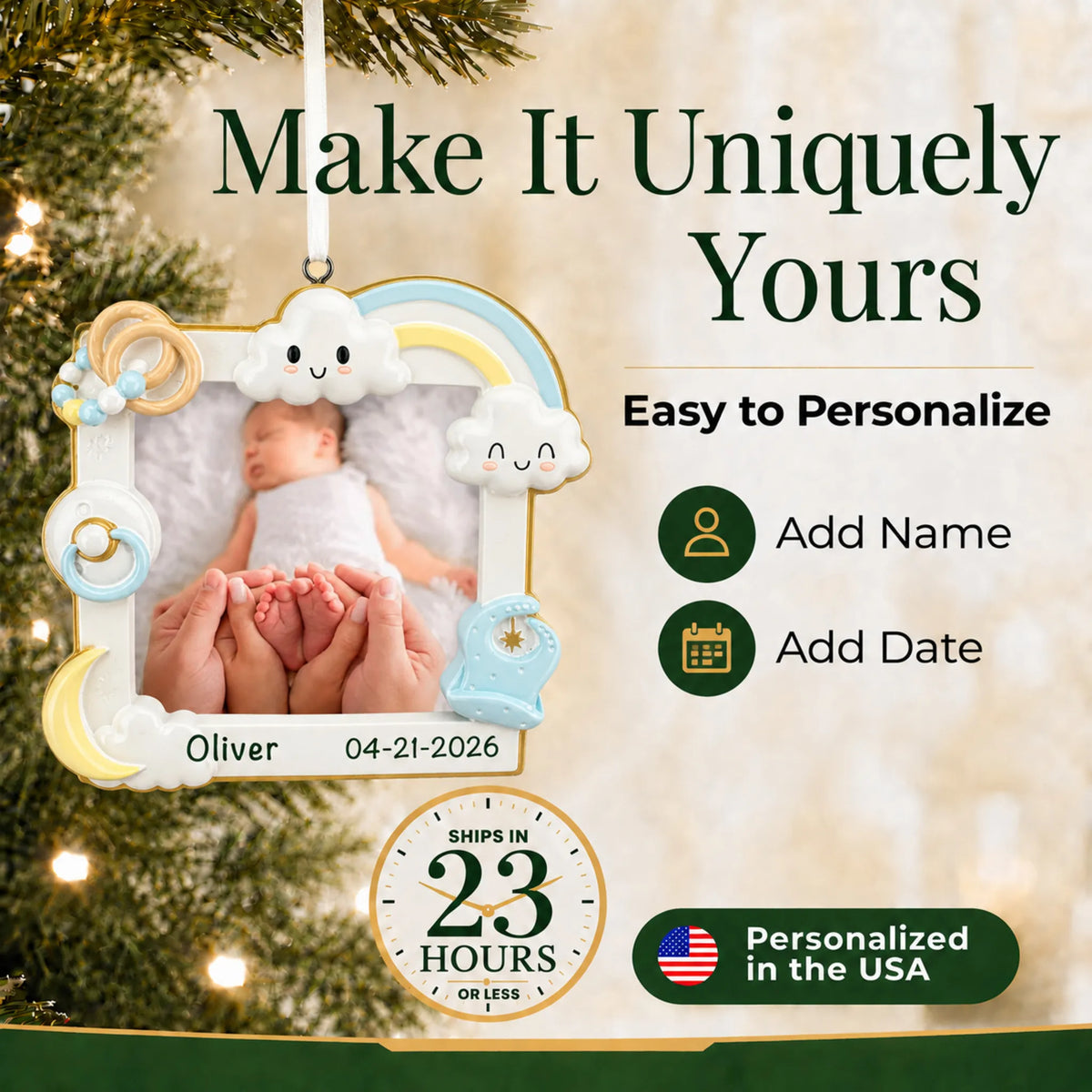 Make it yours: add name and date to the personalized baby boy photo frame christmas ornament