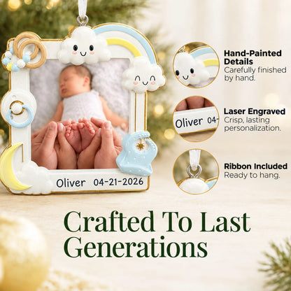 Hand-painted details and laser engraved personalization on the baby boy photo frame christmas ornament, ribbon included