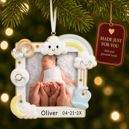 Baby boy photo frame christmas ornament hanging on a lit Christmas tree with a Made Just For You gift tag