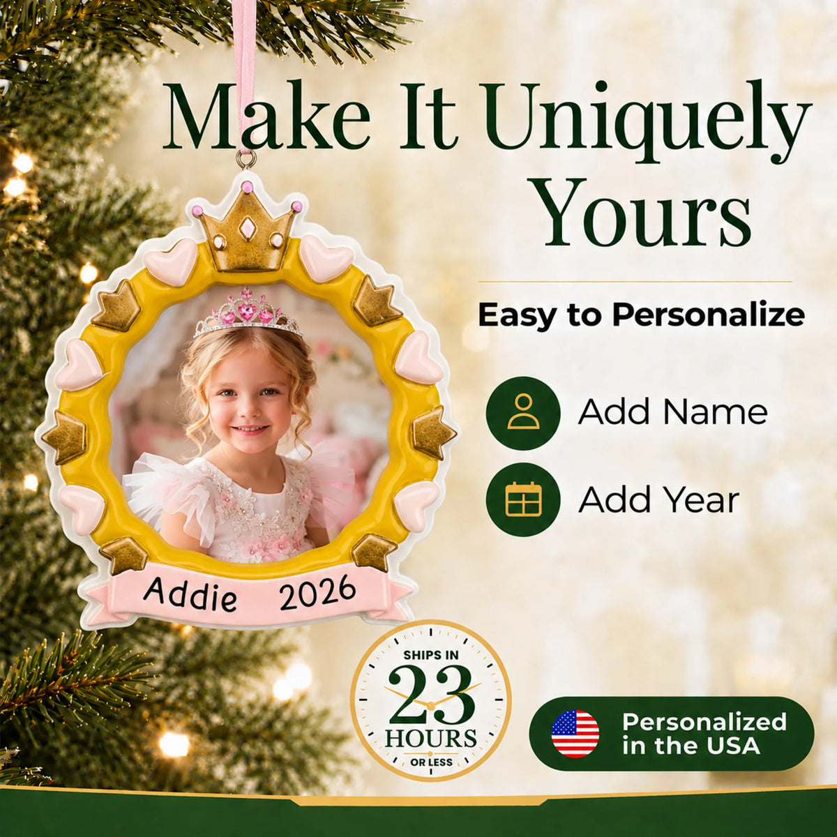Make it yours: add name and year to the personalized princess crown photo frame christmas ornament
