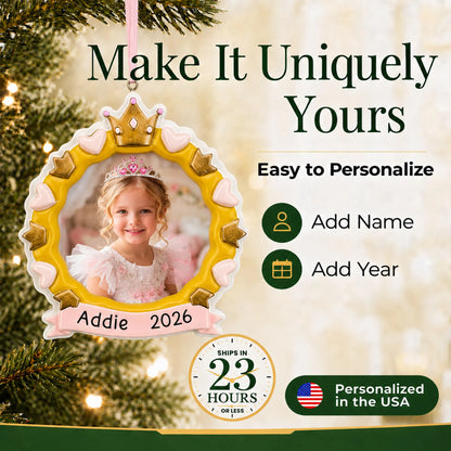 Make it yours: add name and year to the personalized princess crown photo frame christmas ornament