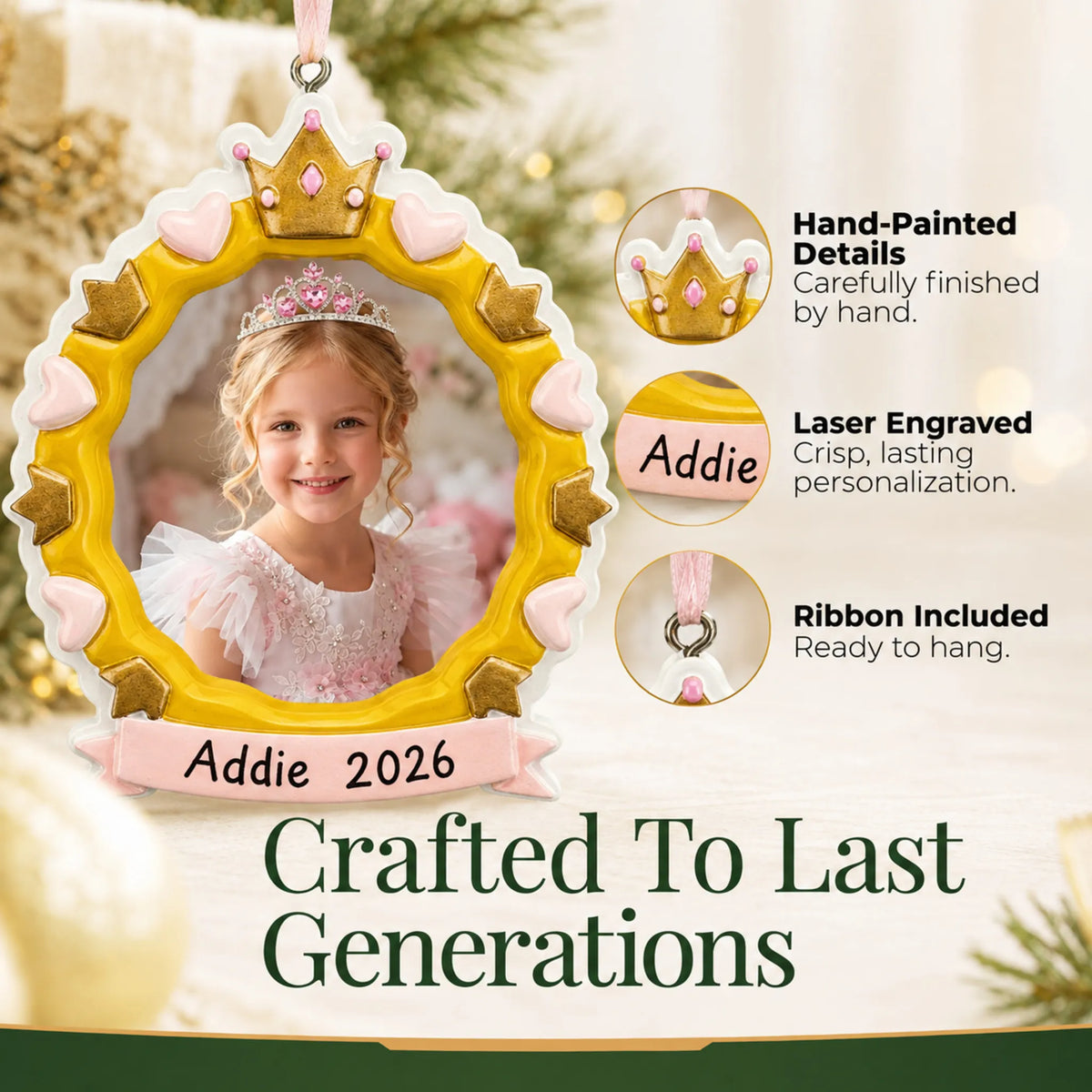 Hand-painted details and laser engraved personalization on the princess crown photo frame christmas ornament, ribbon included