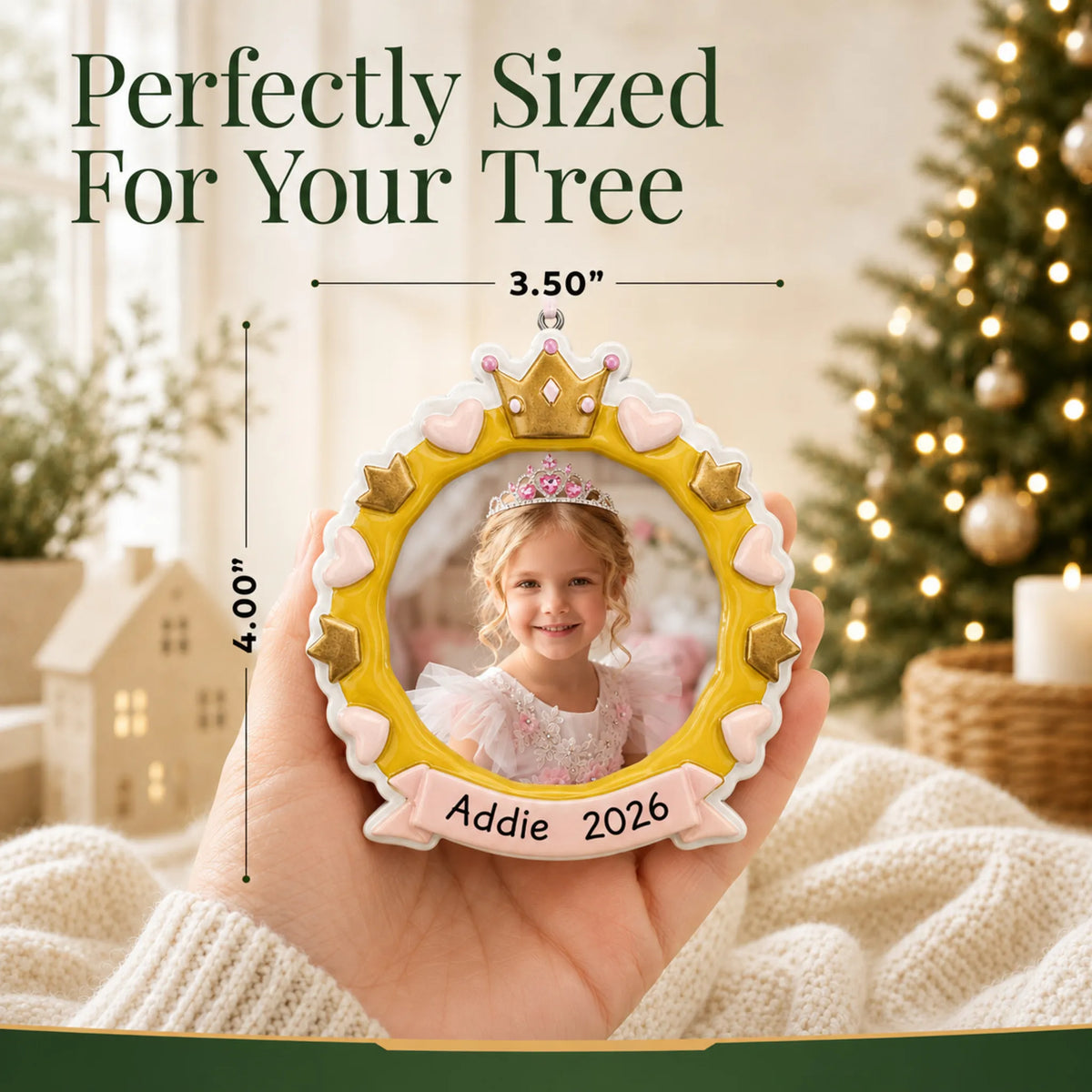Size guide: the personalized princess crown photo frame christmas ornament is 3.50 in wide by 4.00 in tall, shown in hand