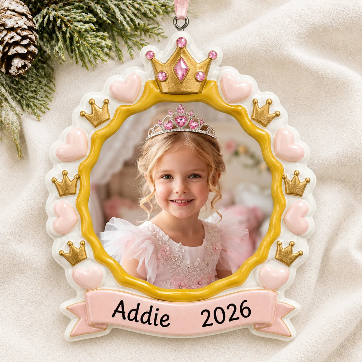Personalized princess crown photo frame christmas ornament laid on a soft white knit blanket