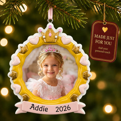 Princess crown photo frame christmas ornament hanging on a lit Christmas tree with a Made Just For You gift tag