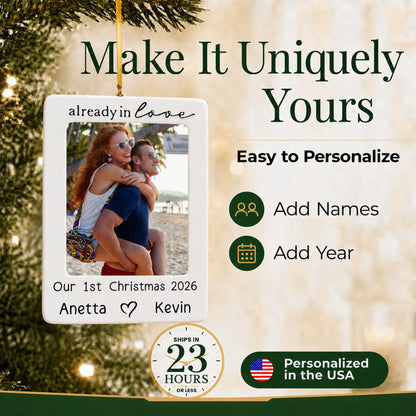 Make it yours: add names to the personalized couple photo frame christmas ornament