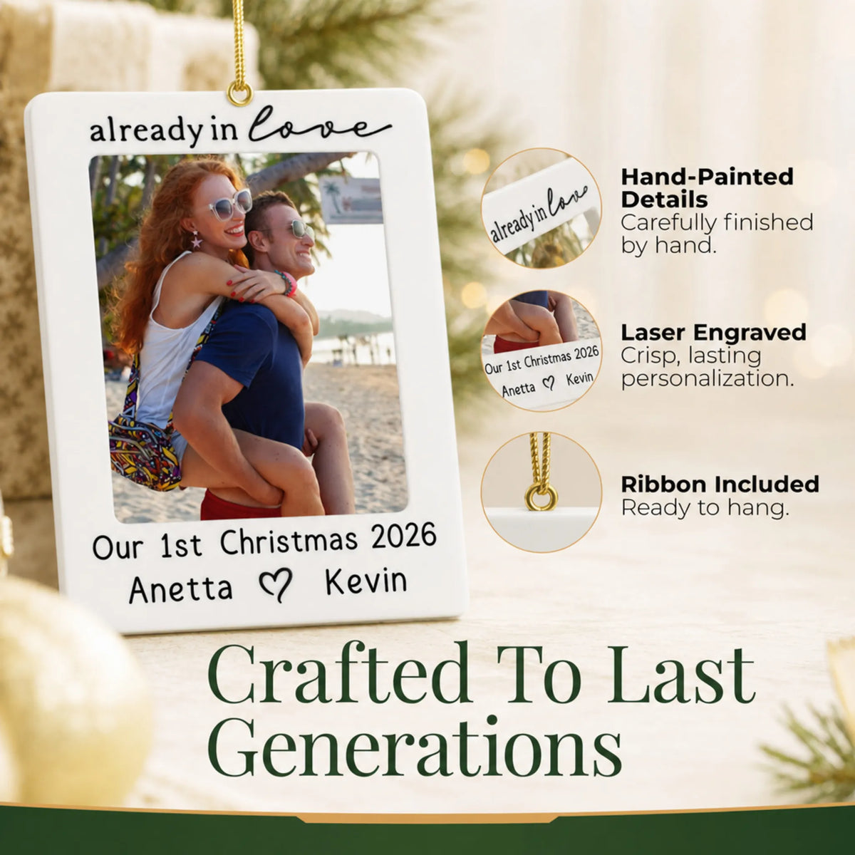 Hand-painted details and laser engraved personalization on the couple photo frame christmas ornament, ribbon included