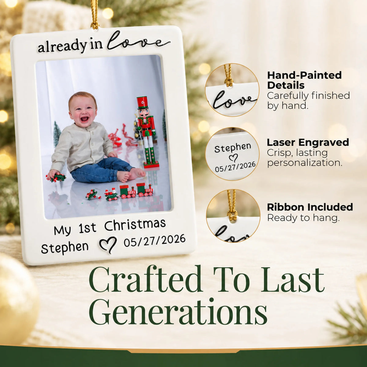 Hand-painted, laser engraved already in love baby photo frame christmas ornament, ribbon included