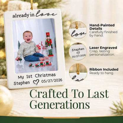 Hand-painted, laser engraved already in love baby photo frame christmas ornament, ribbon included