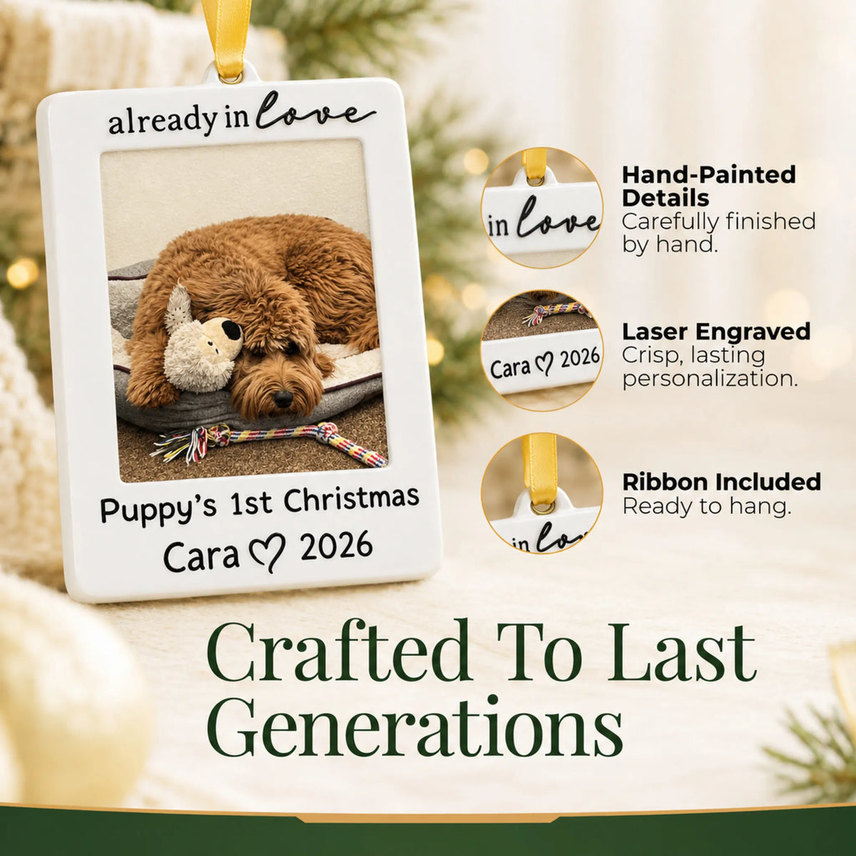 Hand-painted, laser engraved Already in Love Puppy Photo Frame christmas ornament, ribbon included