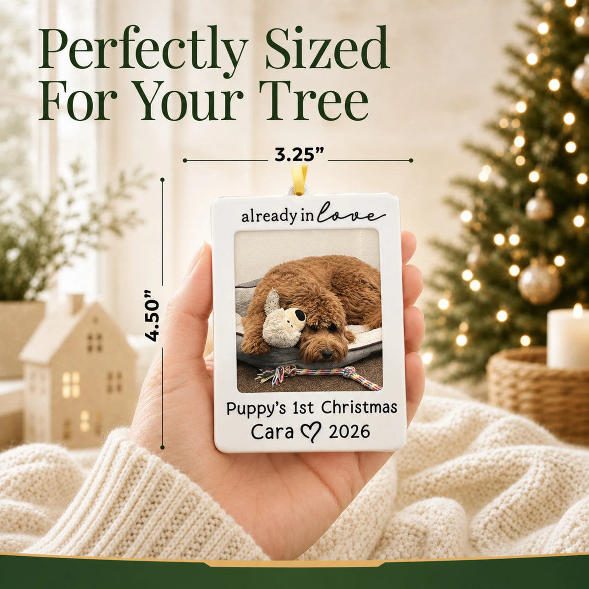 Size guide: the personalized Already in Love Puppy Photo Frame christmas ornament is 3.25 in wide by 4.50 in tall, shown in hand