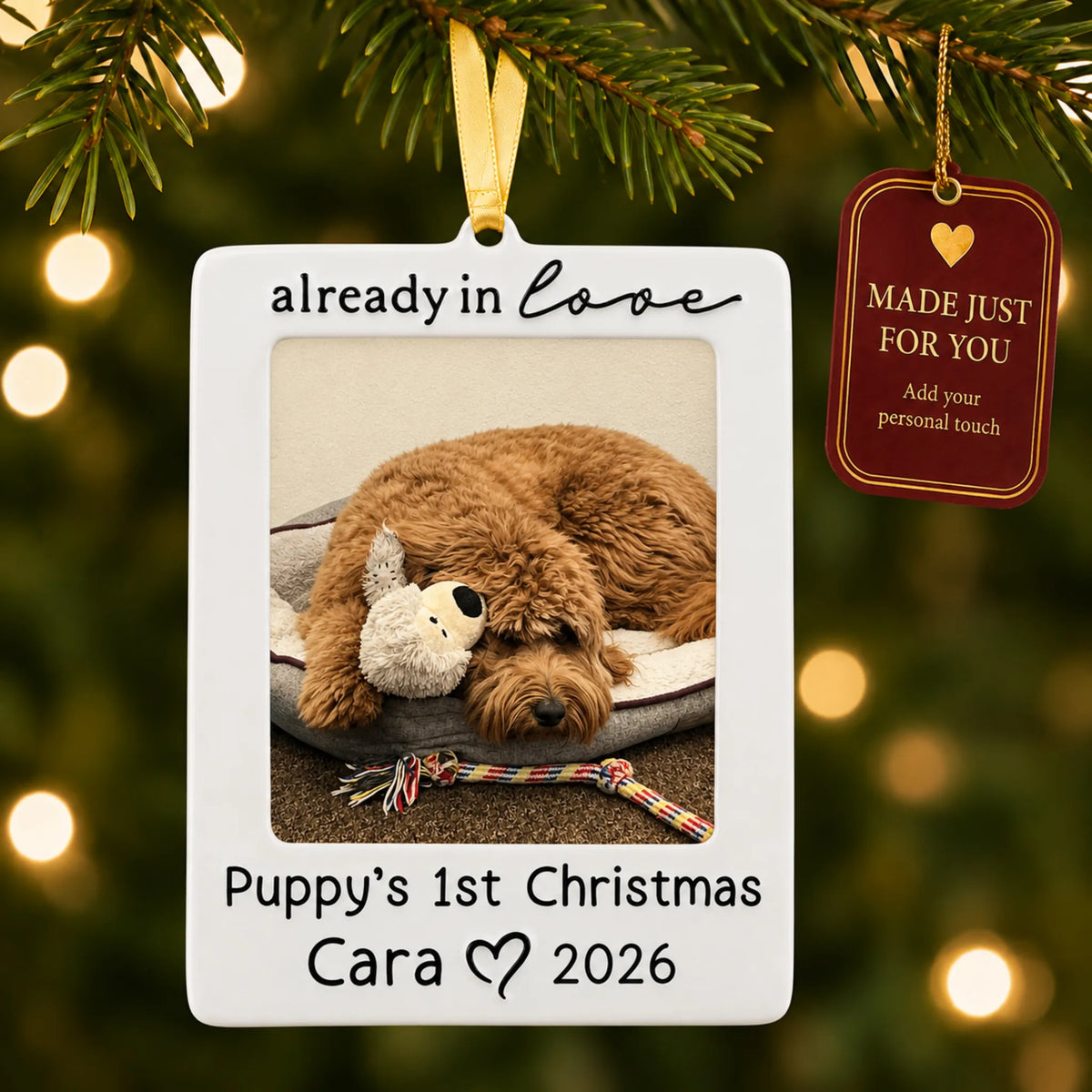 Already in Love Puppy Photo Frame christmas ornament hanging on a lit Christmas tree with a Made Just For You gift tag