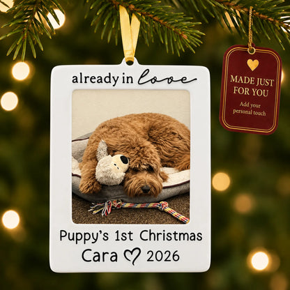 Already in Love Puppy Photo Frame christmas ornament hanging on a lit Christmas tree with a Made Just For You gift tag