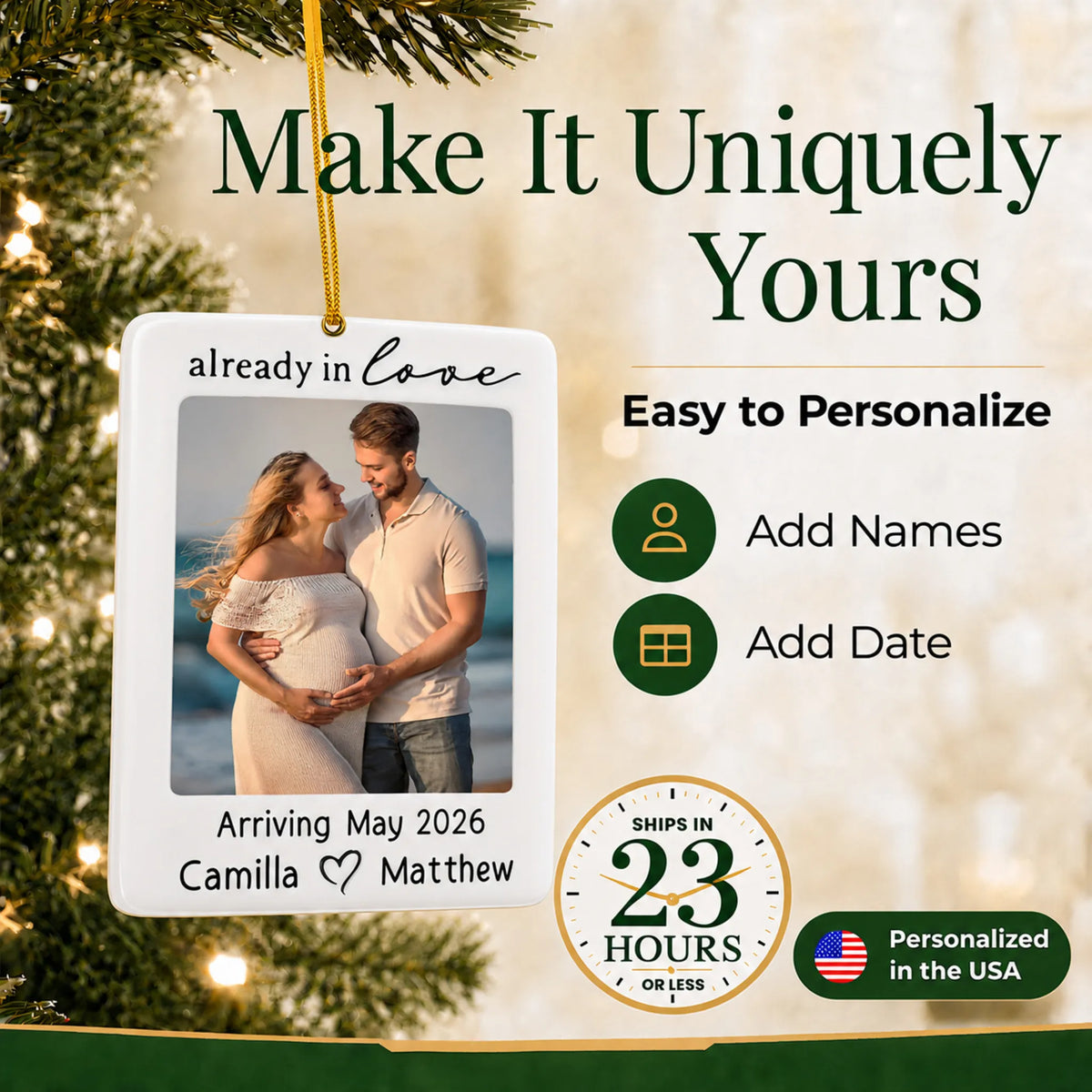 Make it yours: personalize the Expecting Couple Photo Frame christmas ornament