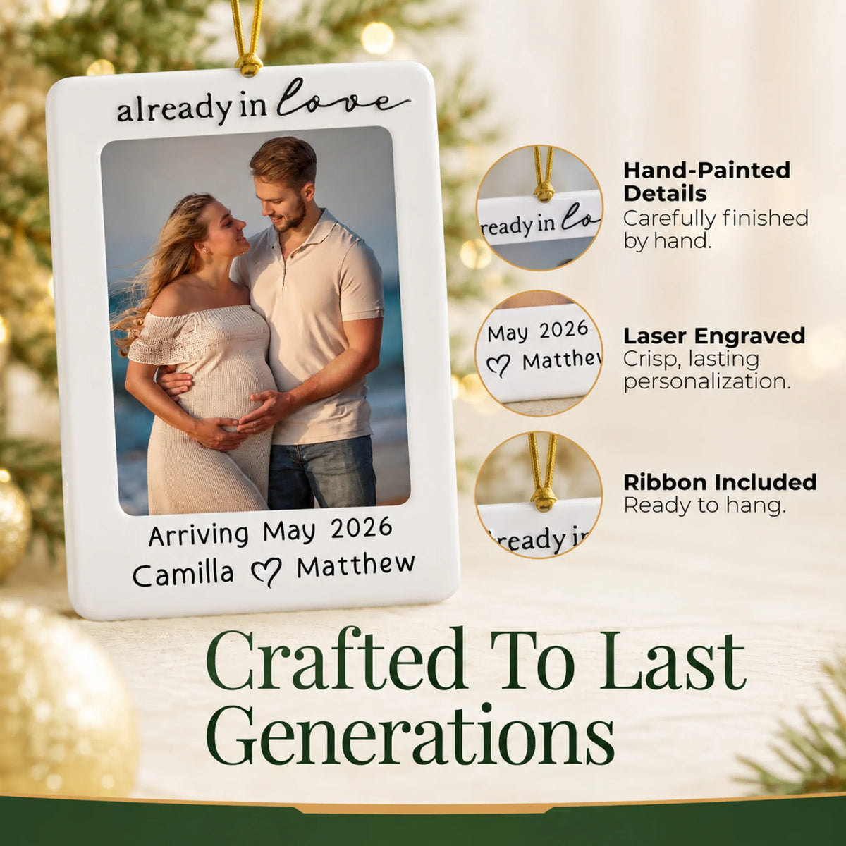 Hand-painted, laser engraved Expecting Couple Photo Frame christmas ornament, ribbon included