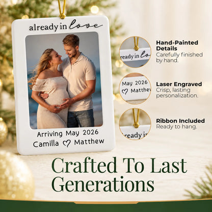 Hand-painted, laser engraved Expecting Couple Photo Frame christmas ornament, ribbon included