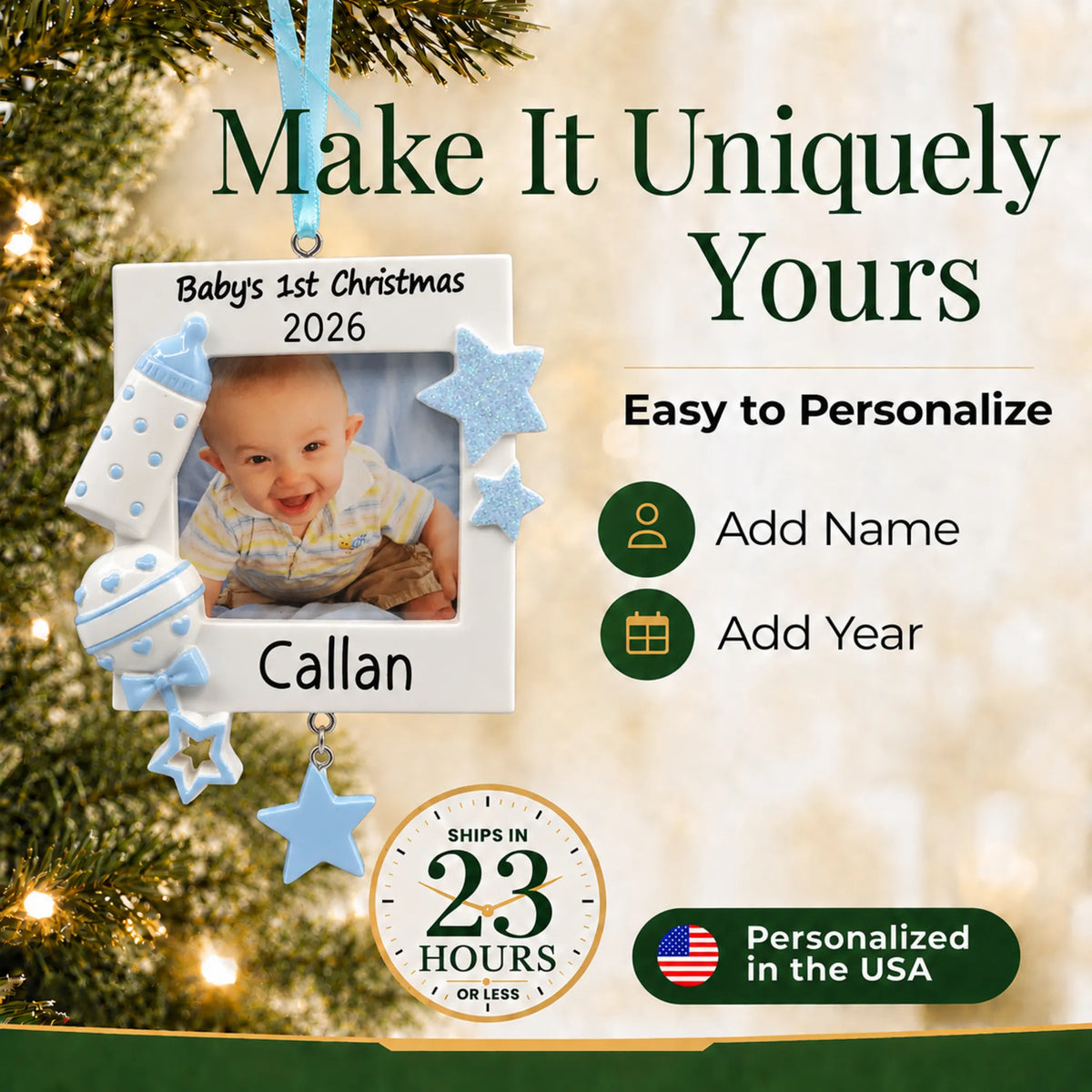 Make it yours: add name and year to the personalized blue baby's first picture frame christmas ornament