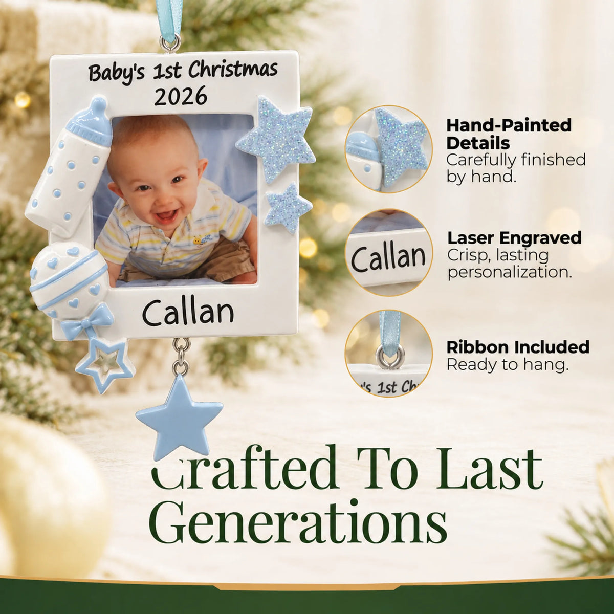 Hand-painted, laser engraved blue baby's first picture frame christmas ornament, ribbon included