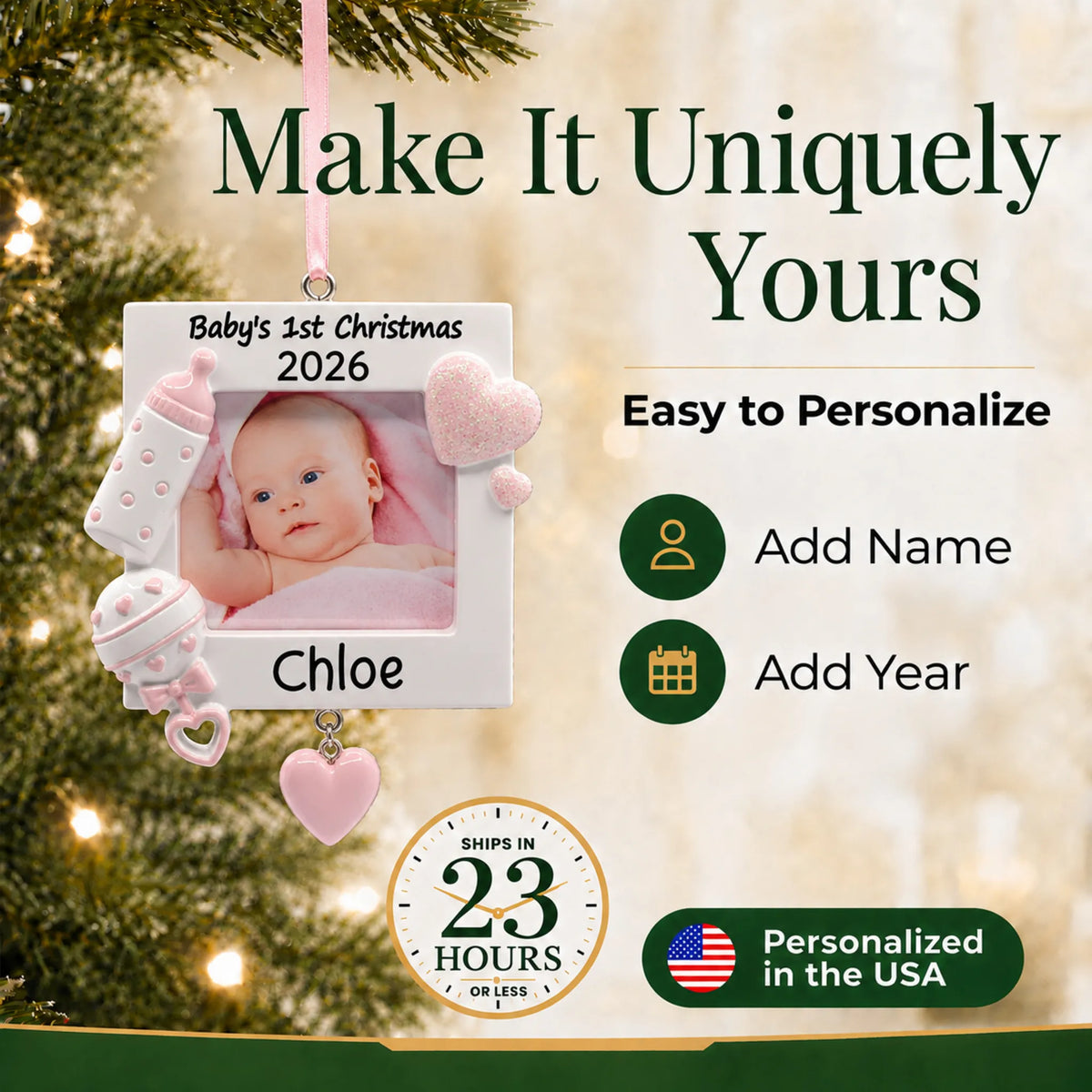 Make it yours: add name and year to the personalized pink baby's first picture frame christmas ornament