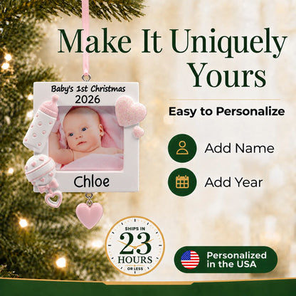 Make it yours: add name and year to the personalized pink baby's first picture frame christmas ornament