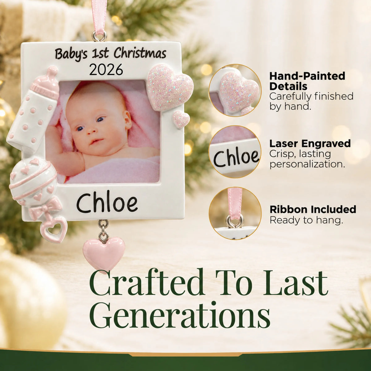 Hand-painted, laser engraved pink baby's first picture frame christmas ornament, ribbon included