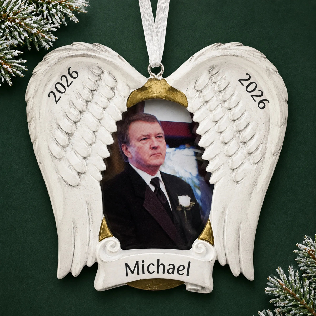 Personalized In Loving Memory Photo Frame christmas ornament on a dark green pine background