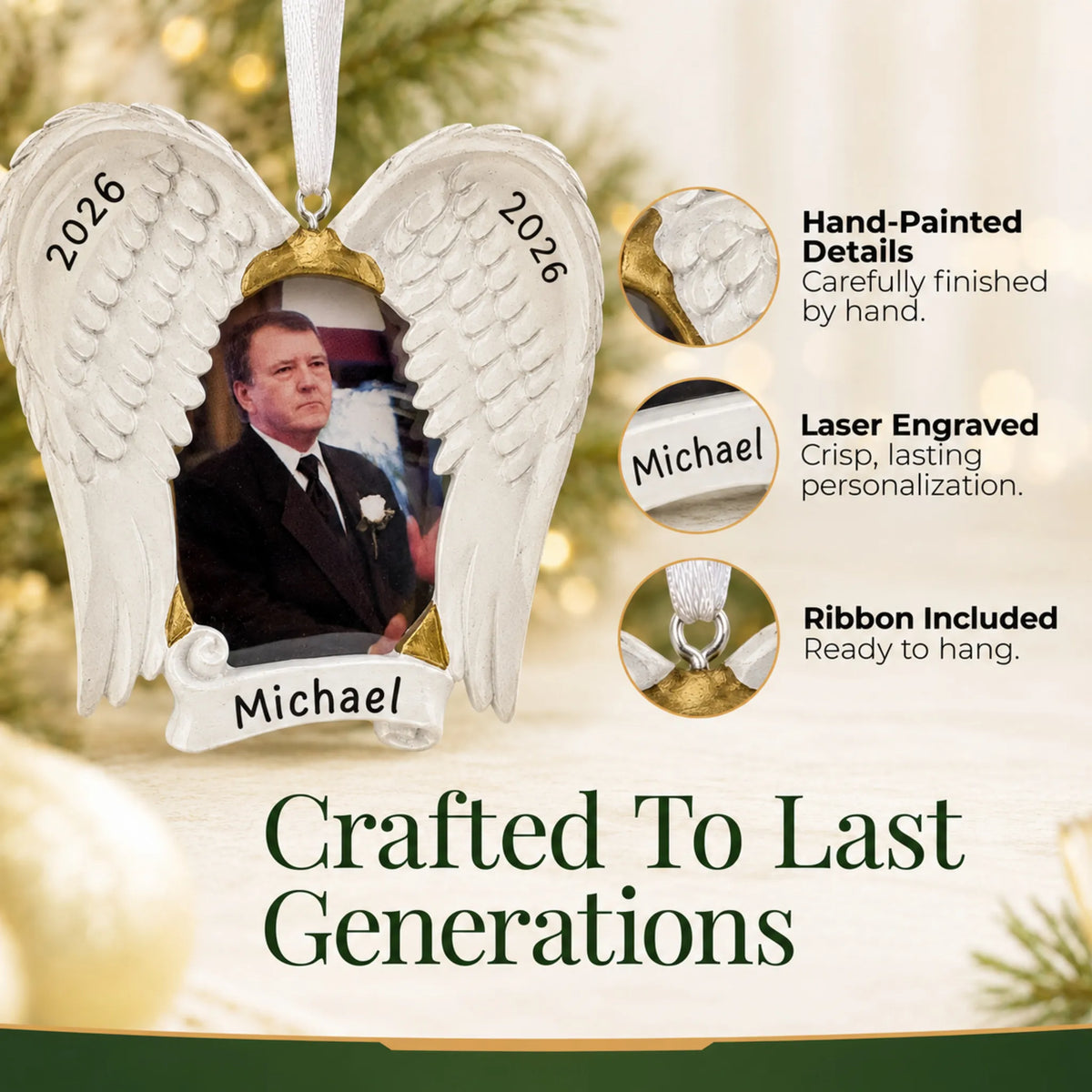 Hand-painted, laser engraved In Loving Memory Photo Frame christmas ornament, ribbon included