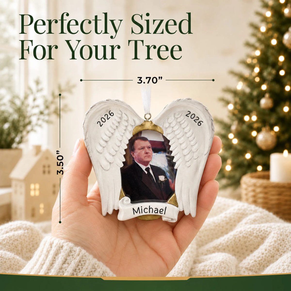 Size guide: the personalized In Loving Memory Photo Frame christmas ornament is 3.70 in wide by 3.50 in tall, shown in hand