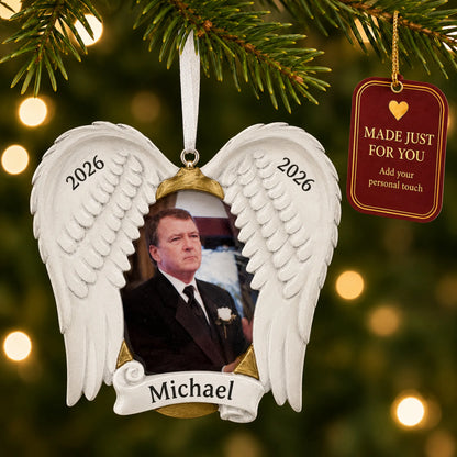 In Loving Memory Photo Frame christmas ornament hanging on a lit Christmas tree with a Made Just For You gift tag