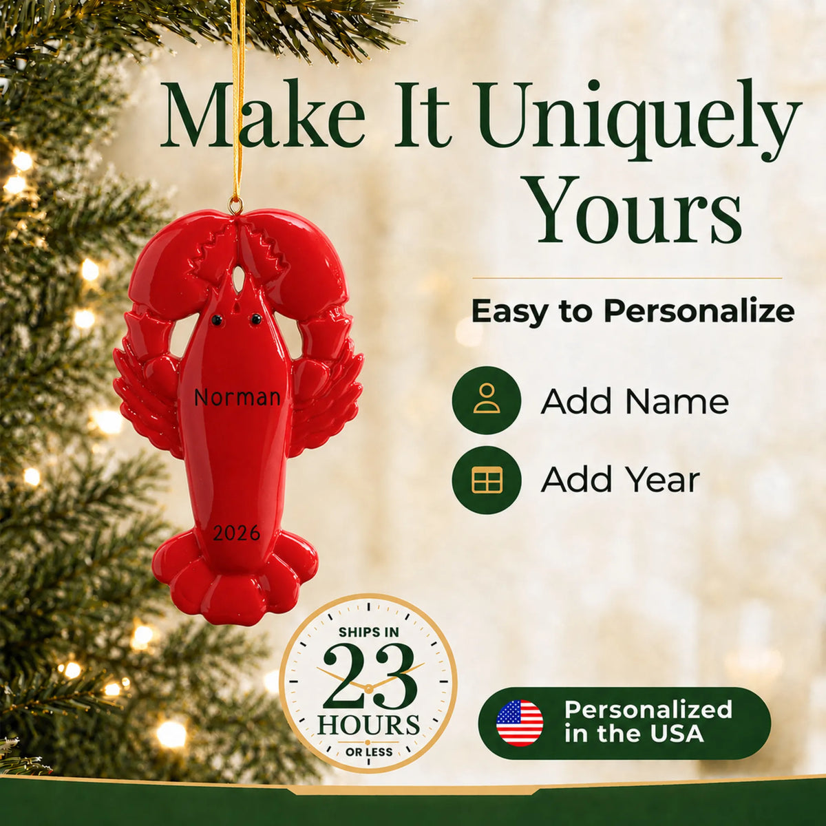 Make it yours: add a name and year to the personalized lobster christmas ornament
