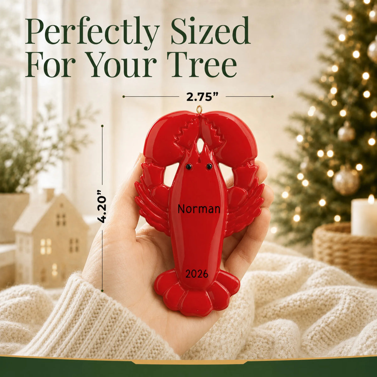 Size guide: the personalized lobster christmas ornament is 2.75 in wide by 4.20 in tall, shown in hand