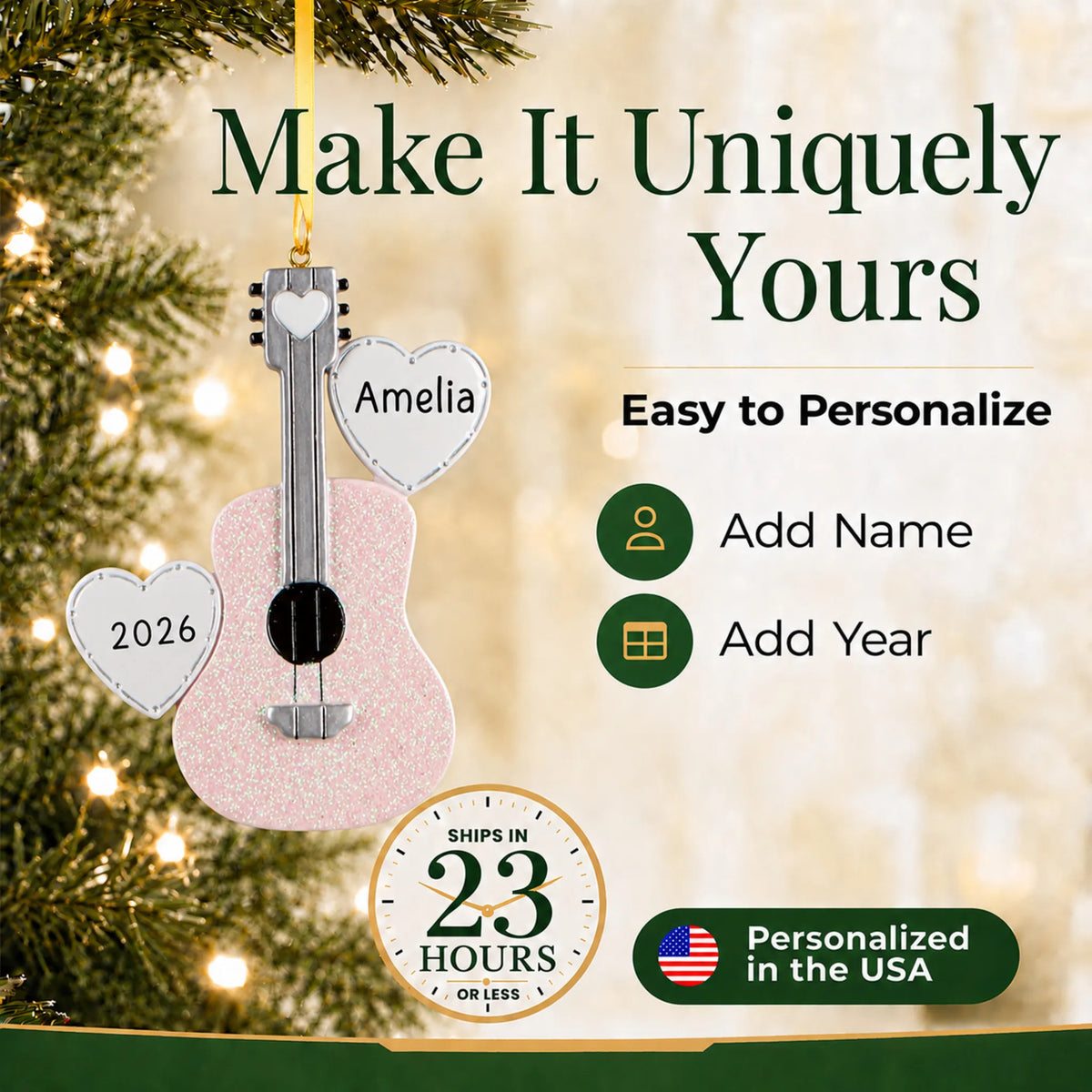 Make it yours: add name and year to the personalized pink guitar christmas ornament