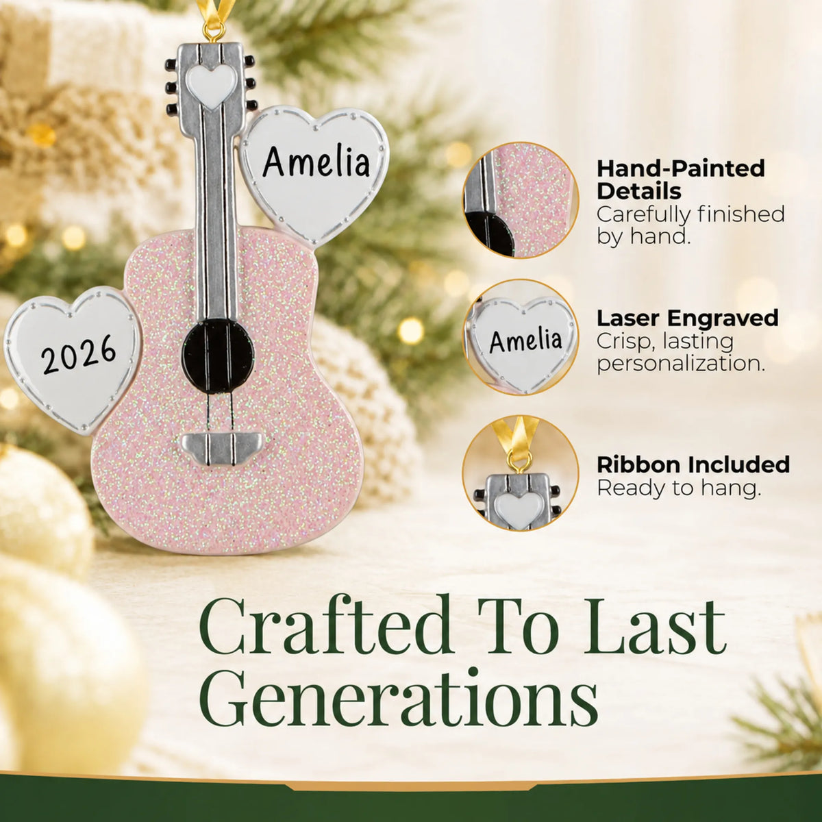 Hand-painted details and laser engraved personalization on the pink guitar christmas ornament, ribbon included