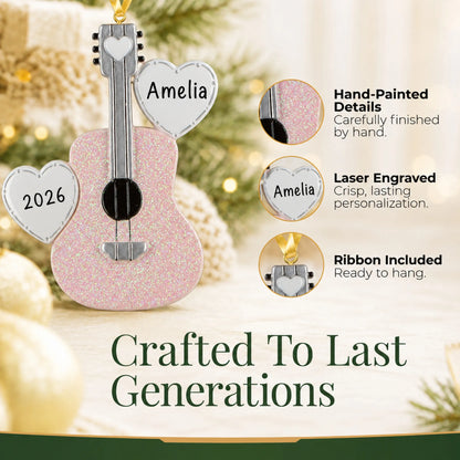 Hand-painted details and laser engraved personalization on the pink guitar christmas ornament, ribbon included