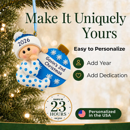 Make it yours: add dedication and year to the personalized blue baby's 2nd christmas ornament